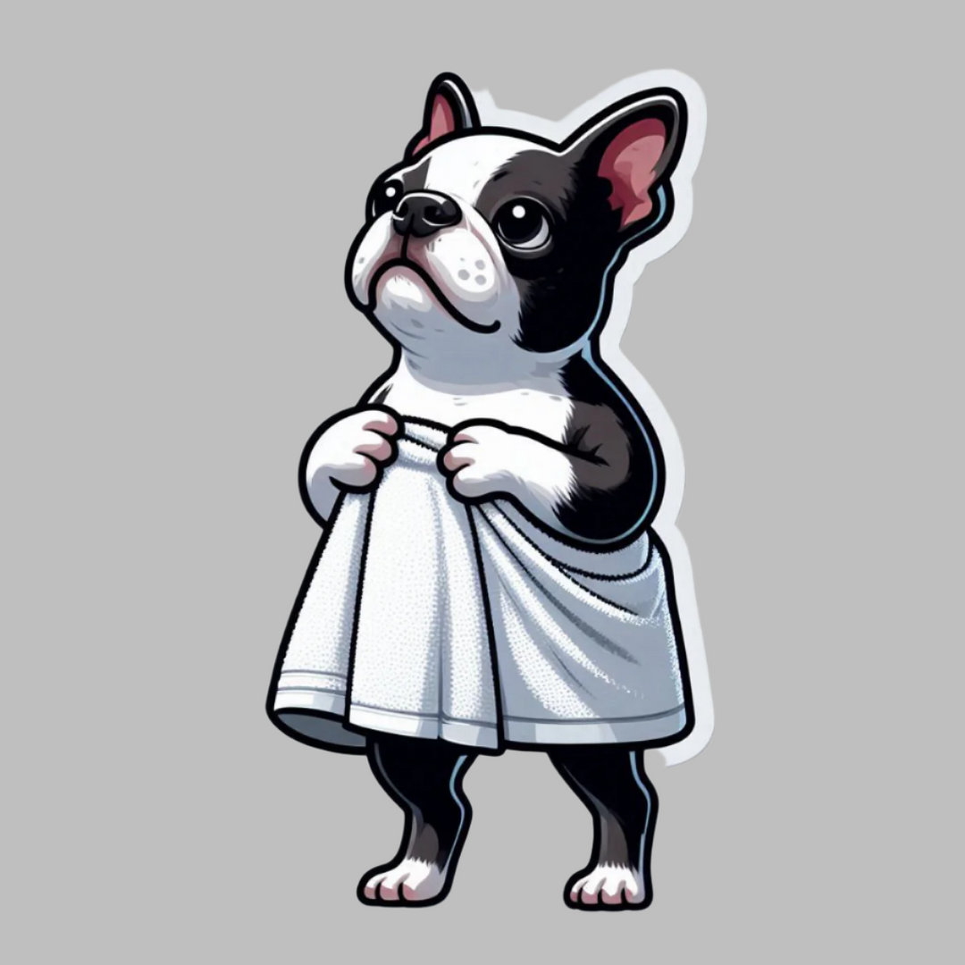 A cartoon sticker of a Boston terrier dog wrapped in a towel.