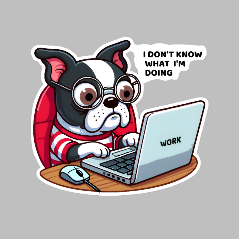 A cartoon sticker of a confused Boston terrier dog using a laptop.