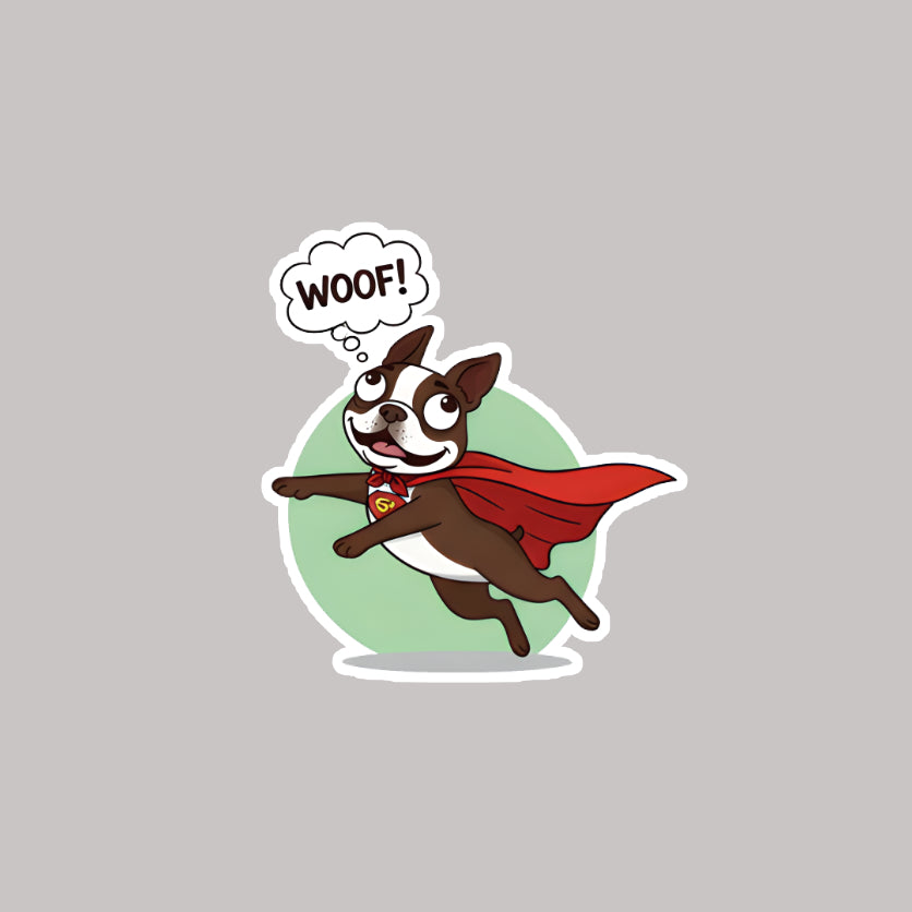 Cartoon dog in a superhero cape with 'WOOF!' speech bubble on gray background