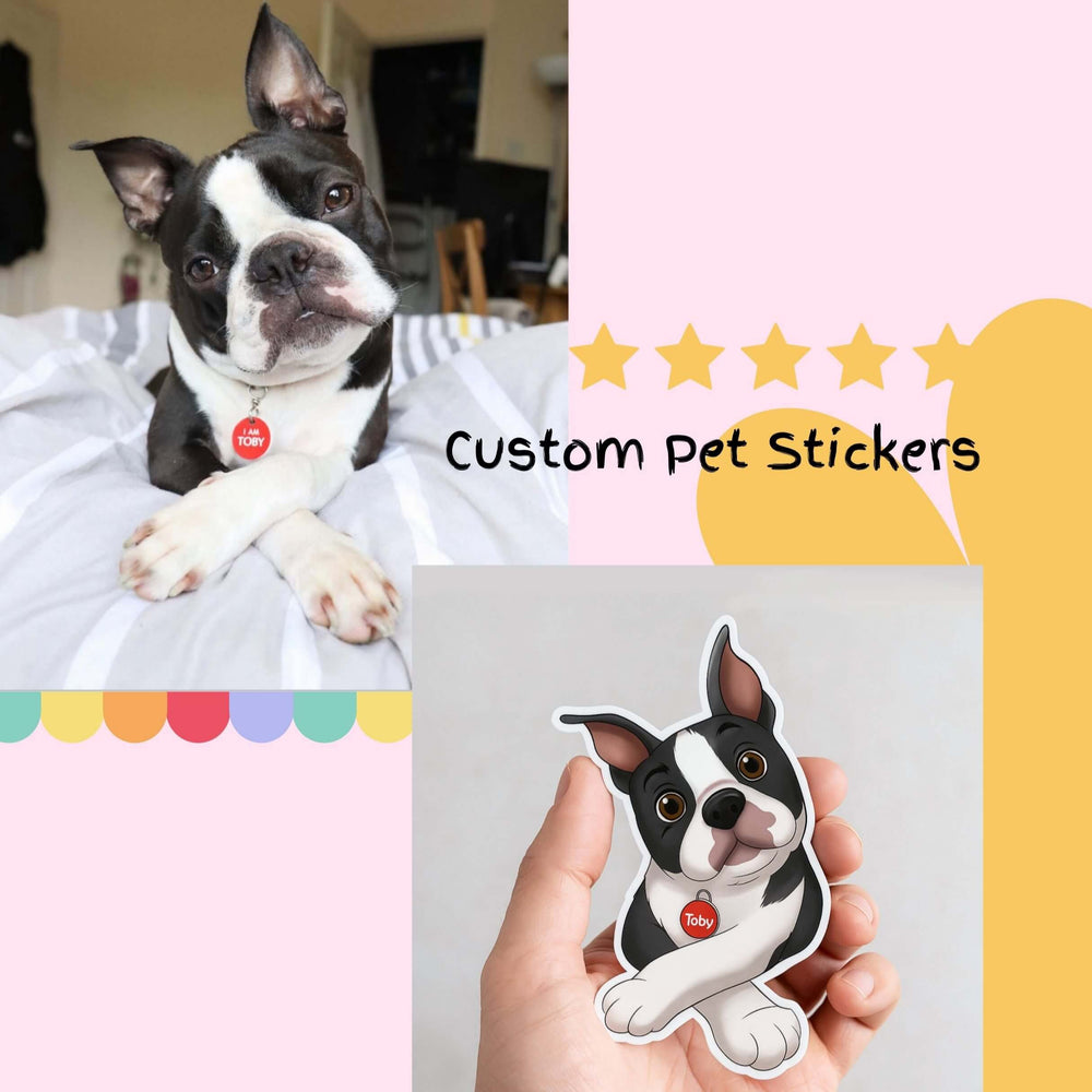 Collage of a real dog and a custom pet sticker with a hand holding the sticker.