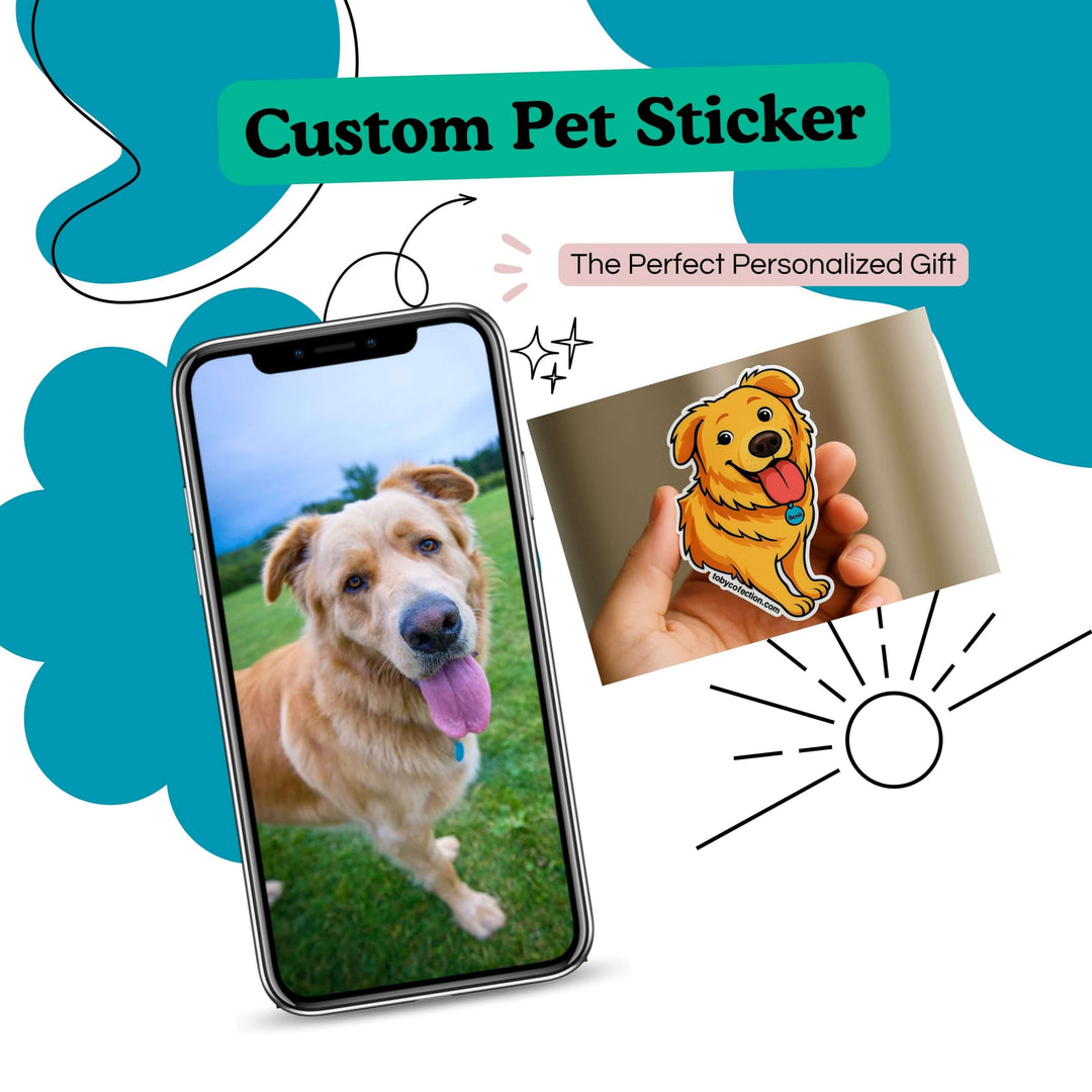 Custom pet sticker with a phone displaying a dog photo and a hand holding the sticker.