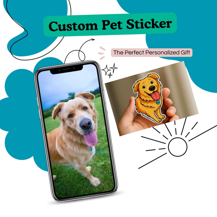 Custom pet sticker with a phone displaying a dog photo and a hand holding the sticker.