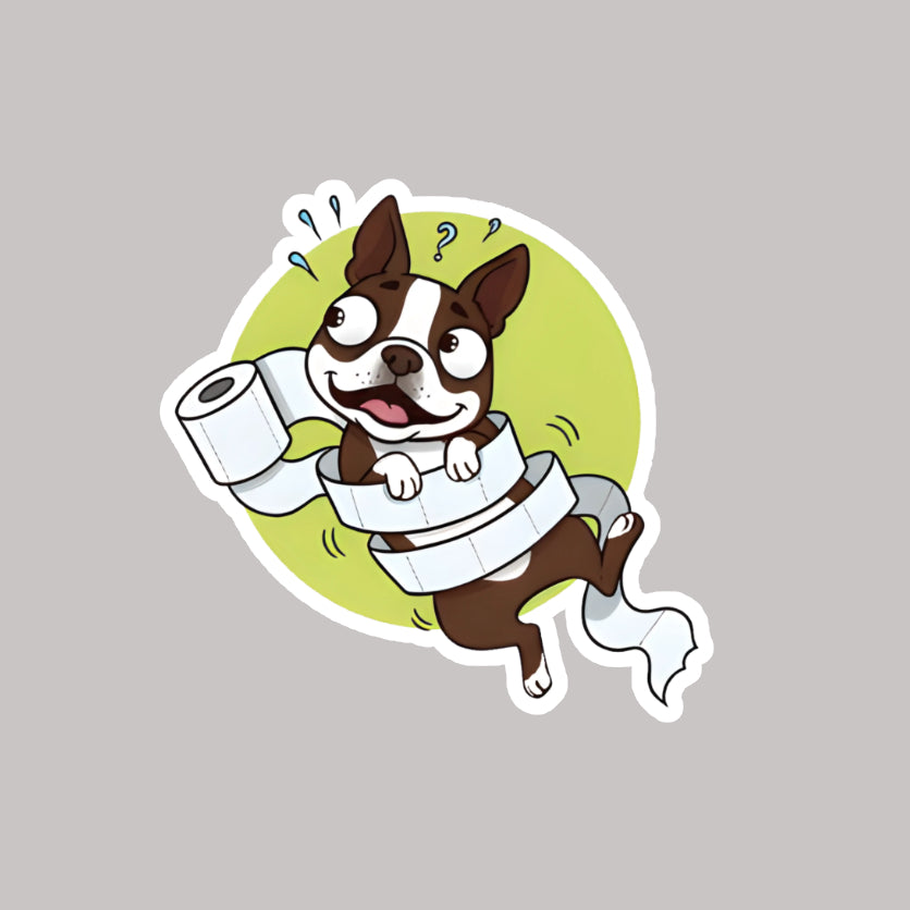 Cartoon dog holding a roll of toilet paper on a gray background