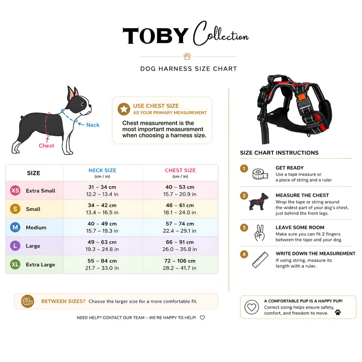 Toby Collection dog harness size chart with a diagram of a dog and measurement instructions.