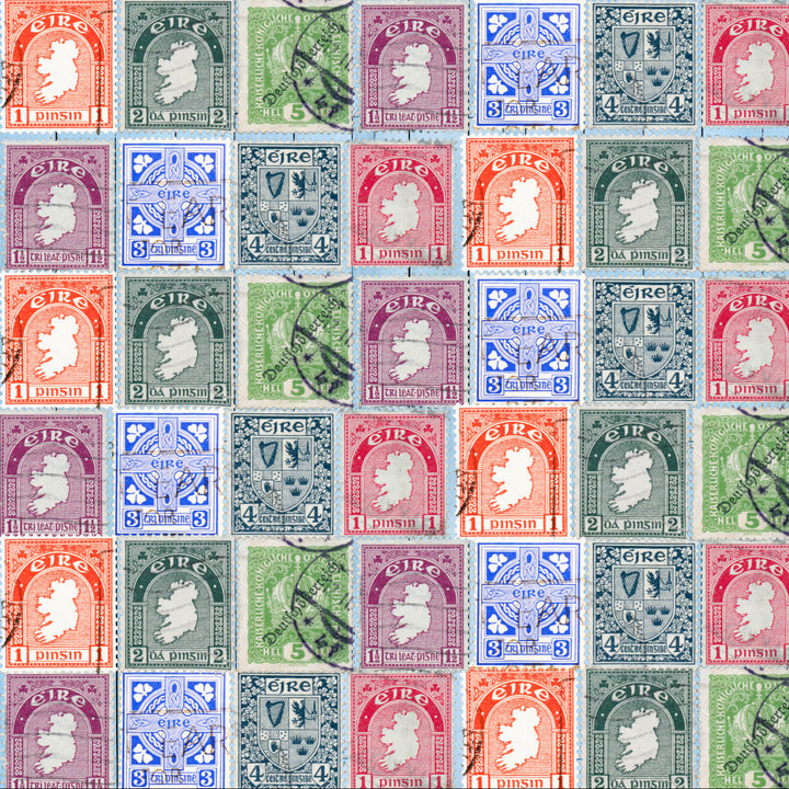 A grid of vintage Irish postage stamps,  designs in multiple colors including orange, green, blue, purple, and red, with black cancellation marks.