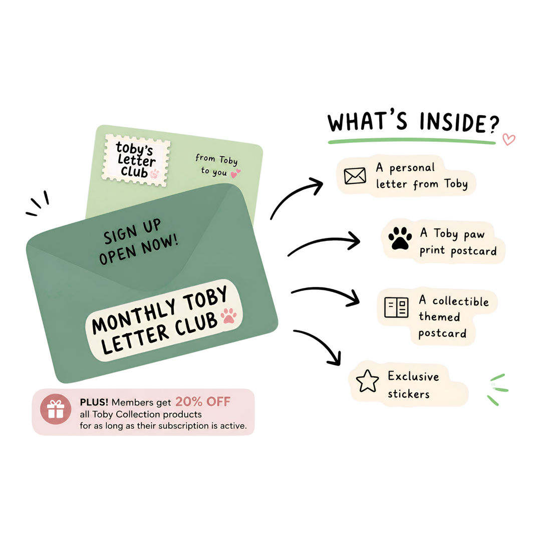Promotional graphic for Toby's Letter Club, showing a green sample letter card and a teal sample sign-up card with white labels, alongside arrows pointing to included items: a personal letter, a paw print postcard, a themed postcard, and stickers.