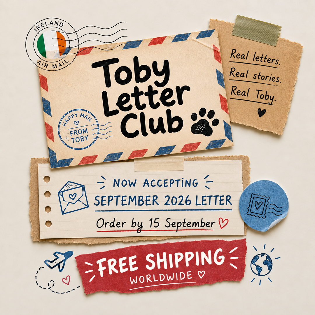 A stylized flat lay of vintage-style lettering and postcard elements on a light beige background. The central card reads 'Toby Letter Club' with a stamp and paw print, surrounded by torn paper notes, a blue circular stamp, an airplane doodle, and a red banner that says 'FREE SHIPPING WORLDWIDE'.