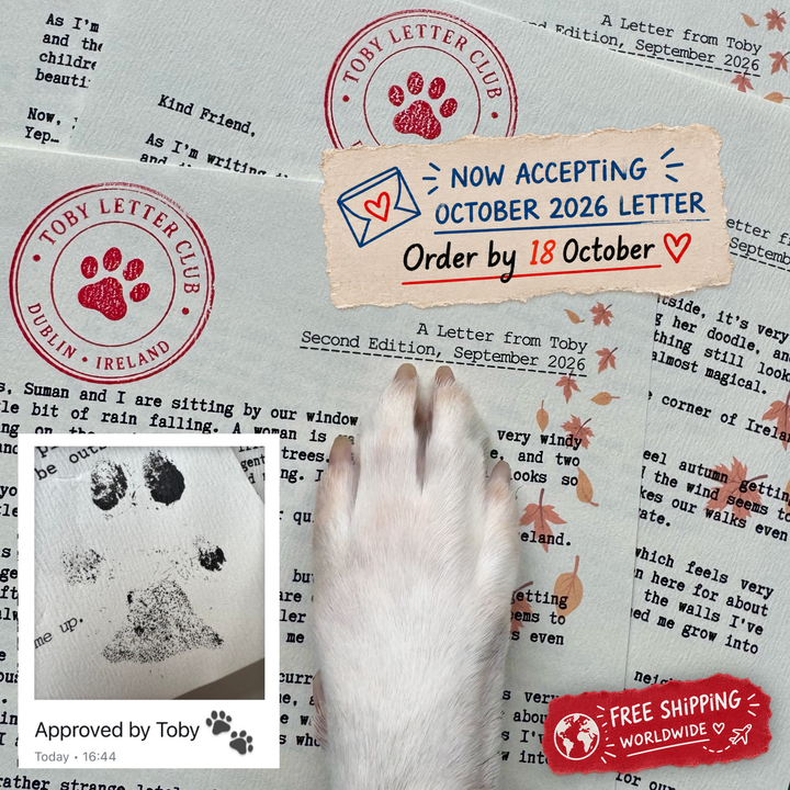 A collage-style promotional graphic for a Toby Letter Club letter stamp set. A white cat paw prints over scattered sample letters with red paw-print stamps, a central paper badge reading 'Now Accepting October 2026 Letter Order by 15 October,' a small inset showing an approved stamp, and a red 'Free Shipping Worldwide' badge.