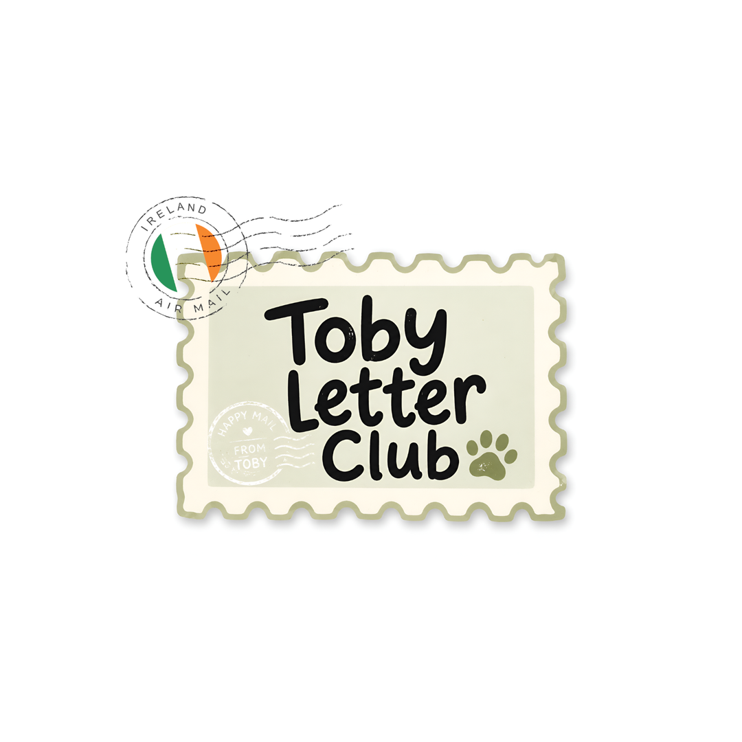 A postage stamp-style graphic with the text 'Toby Letter Club' in black, a small green paw print, and a circular Ireland Air Mail stamp motif on a white background.