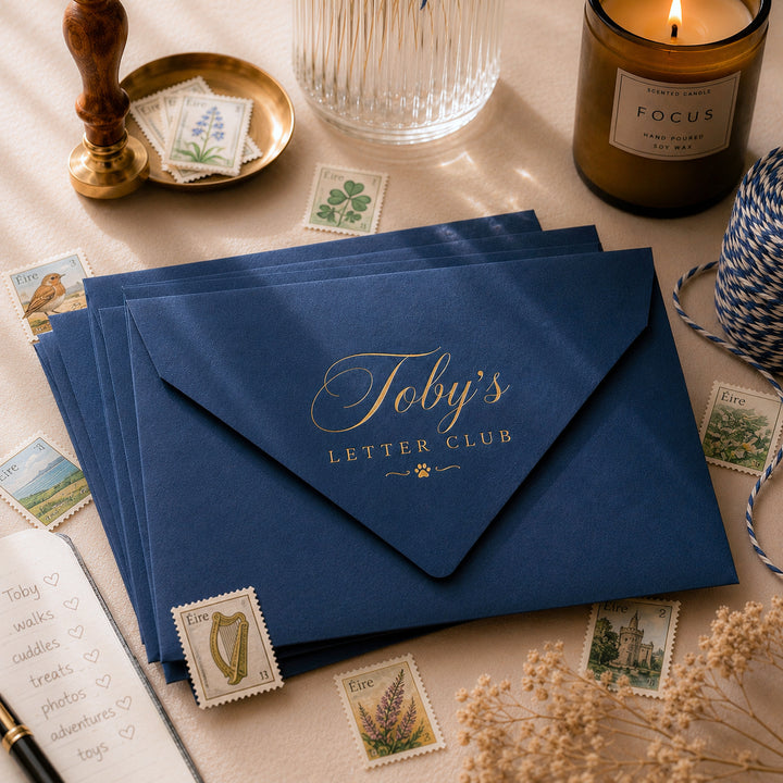 A stack of navy blue letter envelopes with gold foil script reading 'Toby's Letter Club' is styled on a beige surface with vintage postage stamps, a lit candle, a glass tumbler, and stationery props.