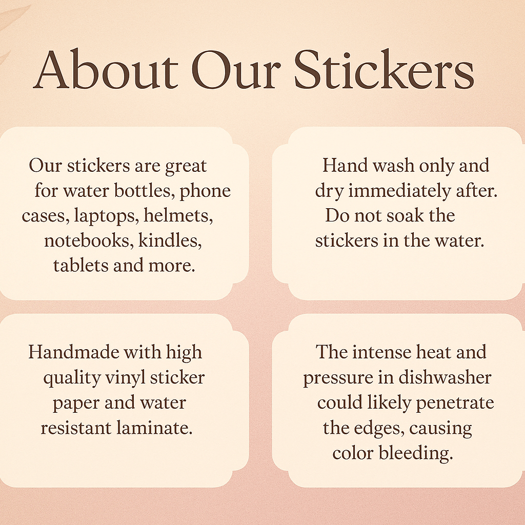 Information about stickers on a pink background with leaf patterns

