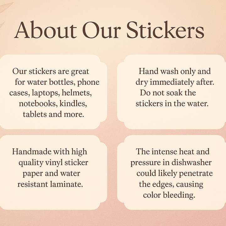 Information about stickers on a pink background with leaf patterns

