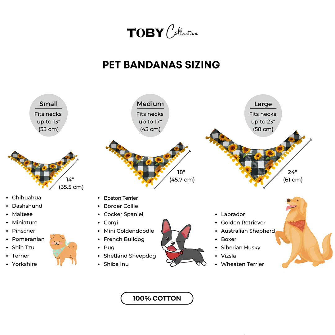 Toby Collection pet bandanas sizing chart with illustrations of dogs and bandanas.