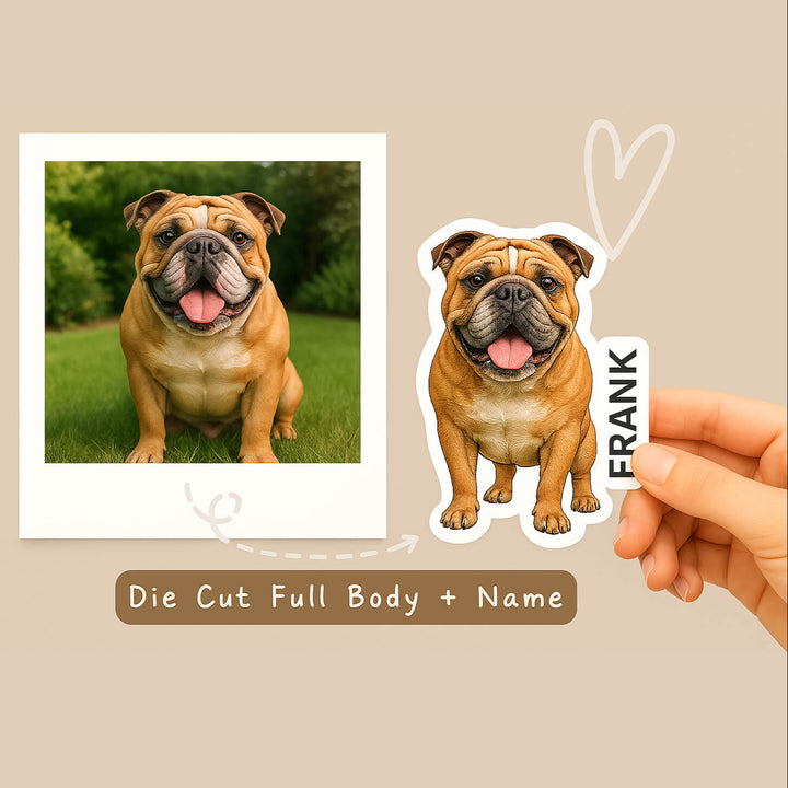 Sticker of a bulldog with 'FRANK' on a beige background