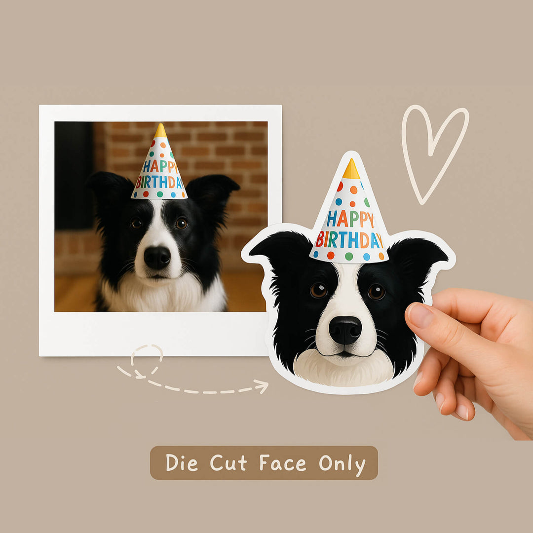 Dog wearing a birthday hat with a die-cut face only feature on a beige background