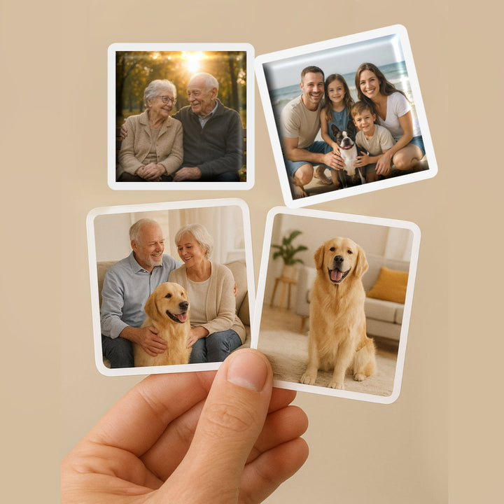Four photo cards showing a couple with an older dog, a family with a young child and dog, and two people with a golden retriever on a beige background.