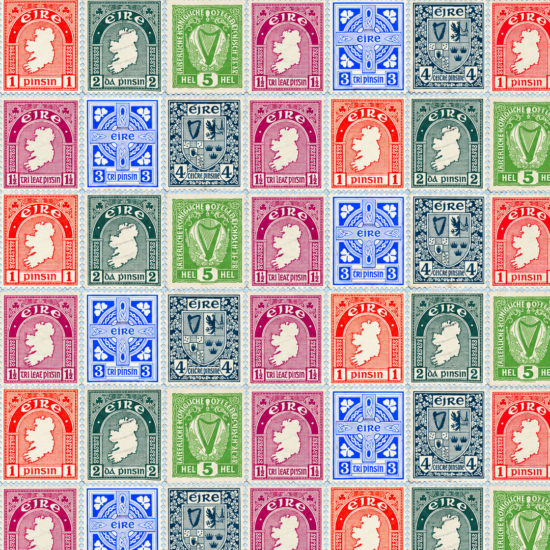 A repeating grid of vintage Irish postage stamps in many colors, including red, blue, green, pink, gray, and black, each showing the profile of Queen Elizabeth and the text 'CIRCE IRELAND 1922-1972'.