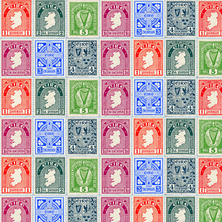 A repeating grid of vintage Irish postage stamps in many colors, including red, blue, green, pink, gray, and black, each showing the profile of Queen Elizabeth and the text 'CIRCE IRELAND 1922-1972'.