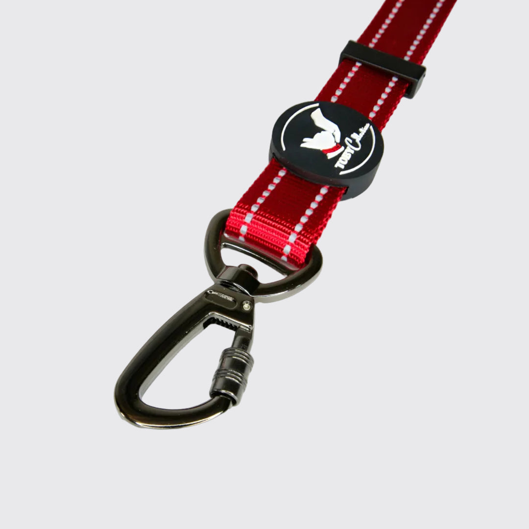 Red and white dog leash with black clip and branded tag on a white background