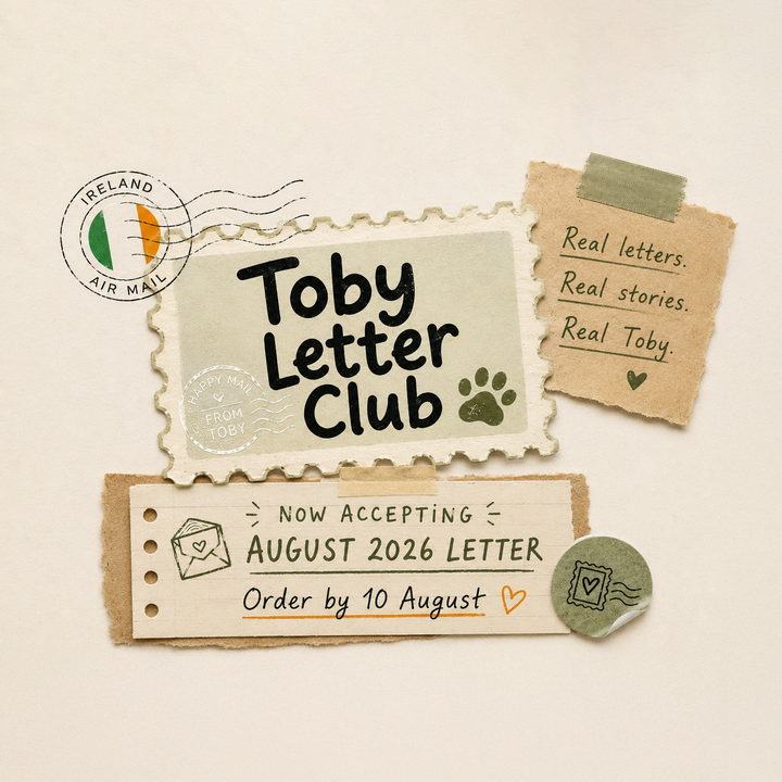 A flat-lay illustration of a postcard-style stationery set with the text 'Toby Letter Club,' a postmark reading 'Ireland Air Mail,' a note saying 'Now accepting August 2026 letter Order by 10 August,' and a small round stamp, all arranged on a warm cream background.