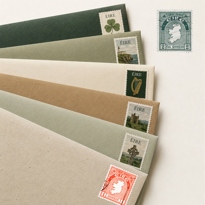 A fan arrangement of textured paper envelopes in dark green, sage, cream, tan, and light gray, each decorated with a small vintage-style Irish postage stamp featuring the word 'EIRE' and different motifs like a shamrock, harp, castle, and figure.