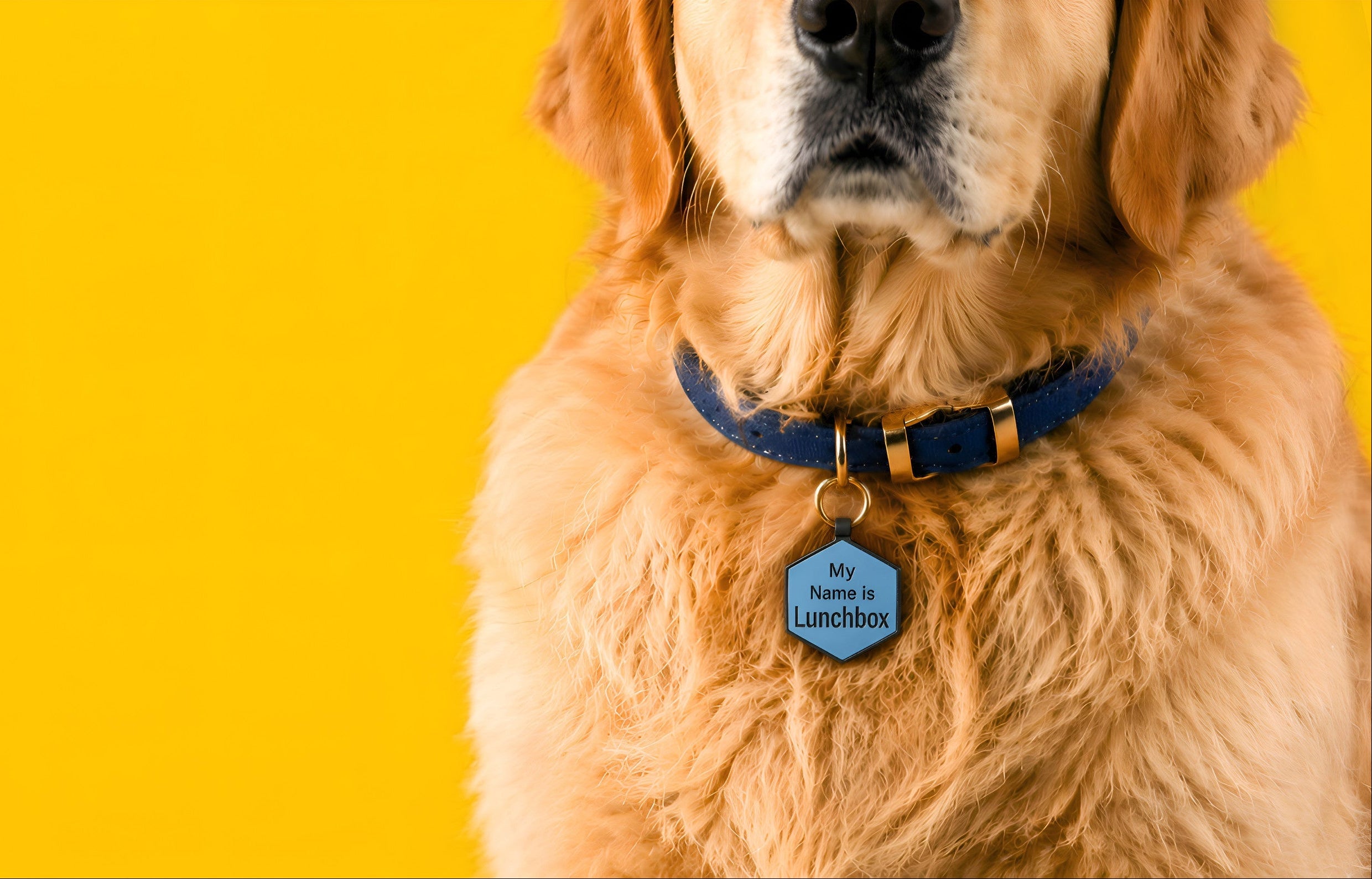 Dog wearing a collar with a tag on a yellow background