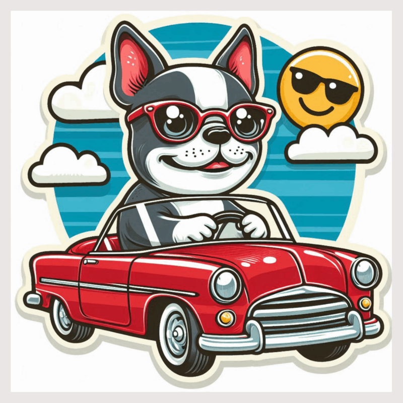 A cartoon sticker of a happy Boston terrier dog riding in a car.