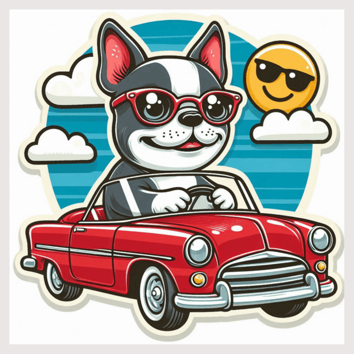 A cartoon sticker of a happy Boston terrier dog riding in a car.