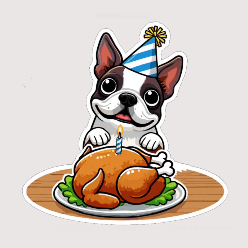 A cartoon sticker of a Boston terrier dog celebrating a birthday with a chicken-shaped birthday cake.
