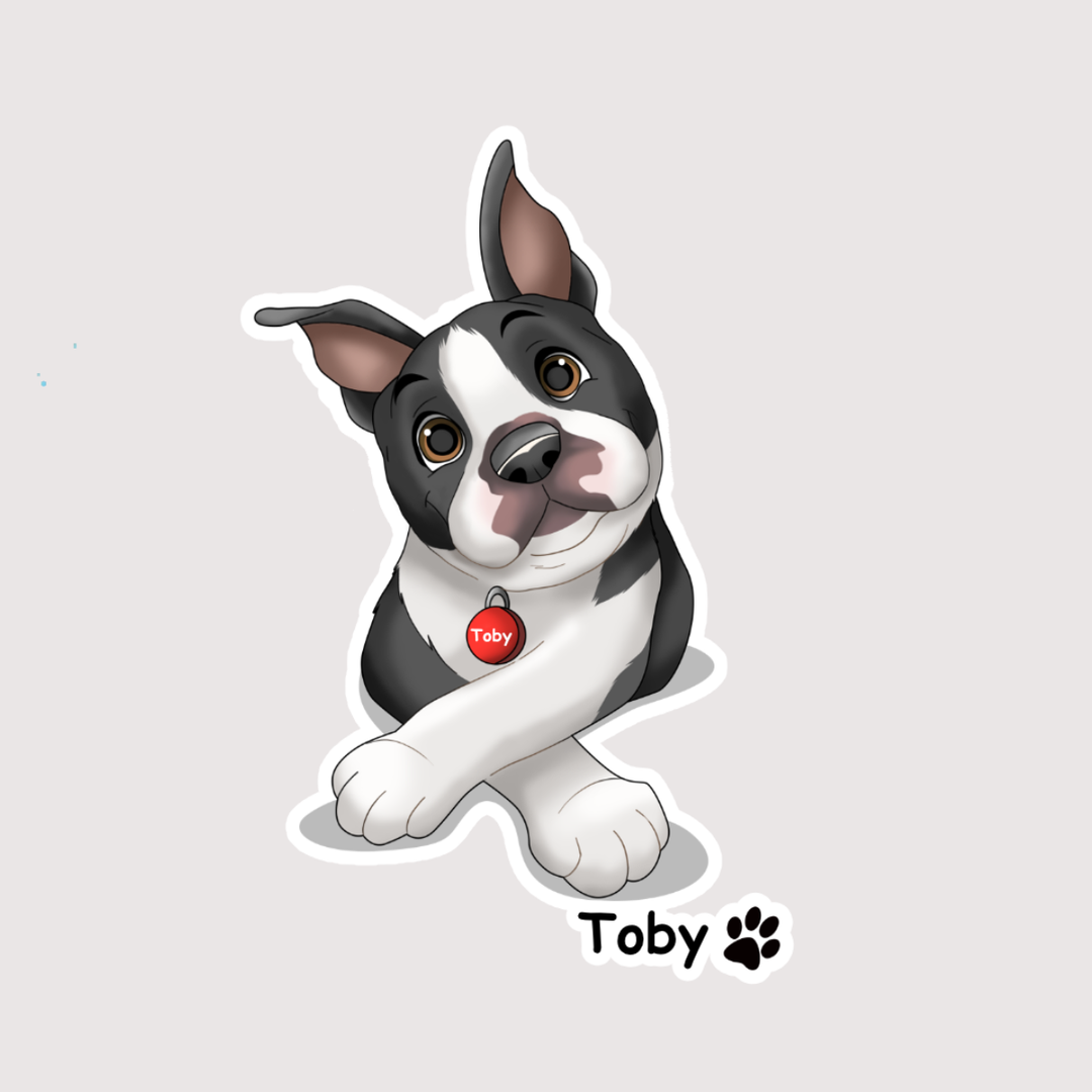 A cartoon sticker of a Boston terrier dog sitting with its paws crossed.