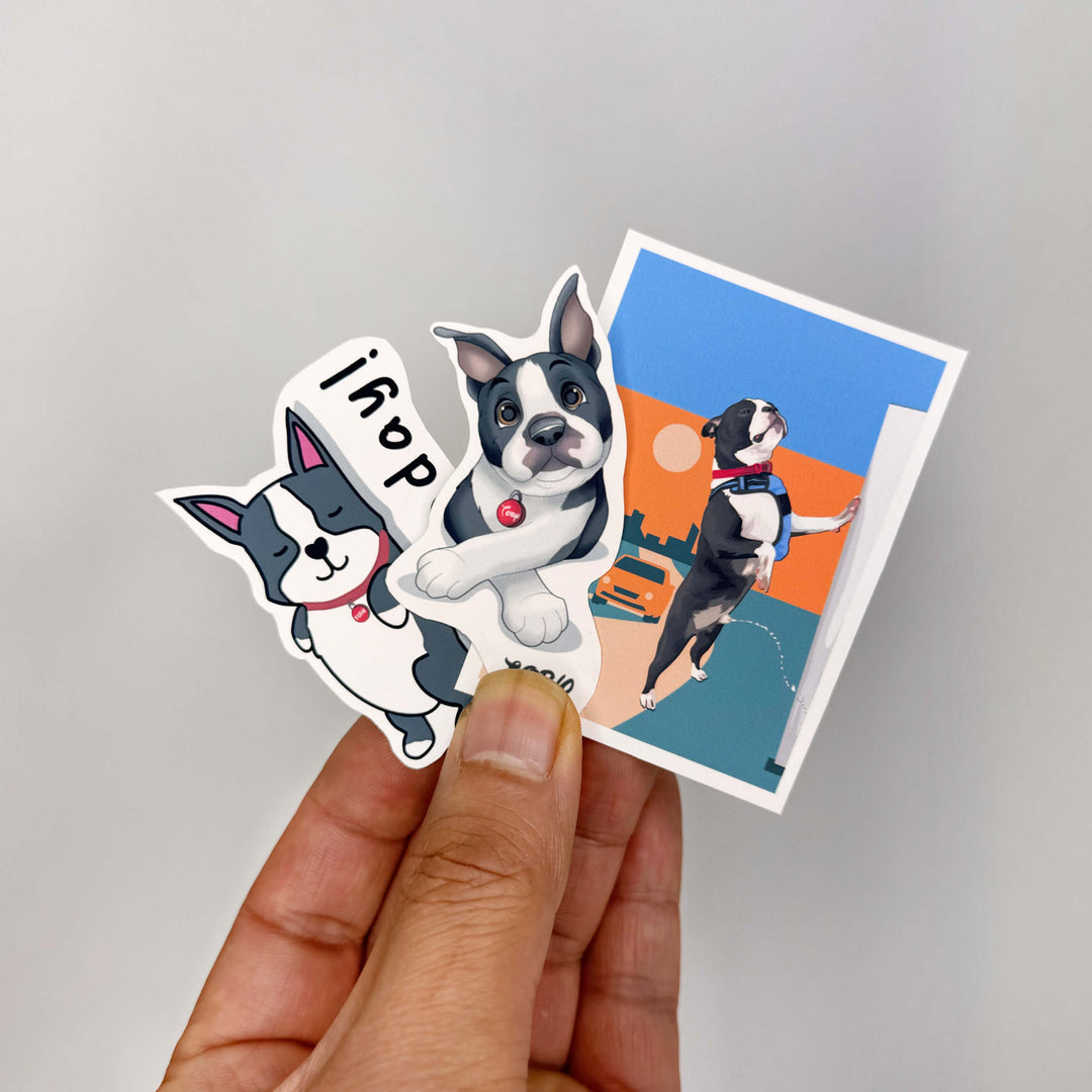 A hand holding three cartoon, dye-cut stickers of Boston terrier dogs against a solid background.

