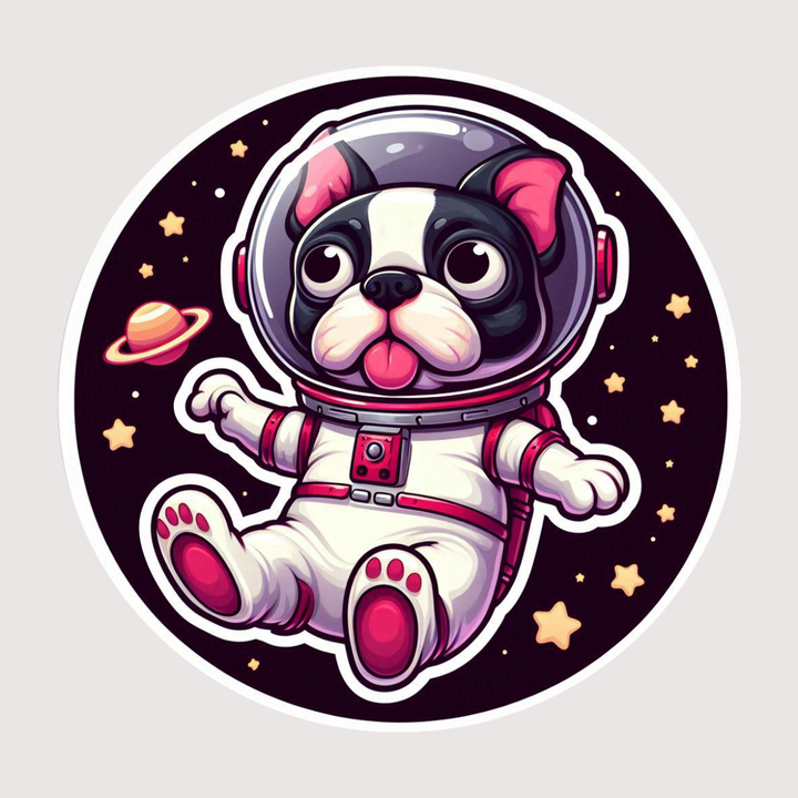 A cartoon sticker of a Boston terrier dog in a space suit flying in space.