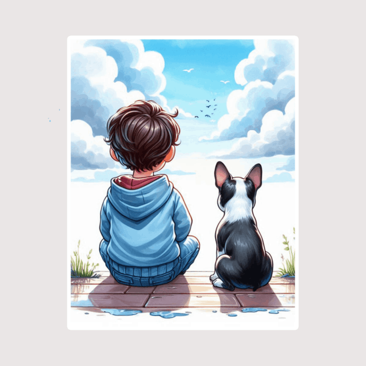 A cartoon sticker of a Boston terrier dog and a boy sitting together and watching the sky.