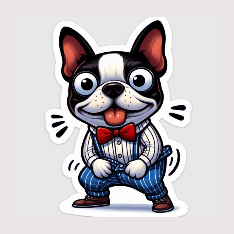 A cartoon sticker of a Boston terrier dog dancing in a suit.