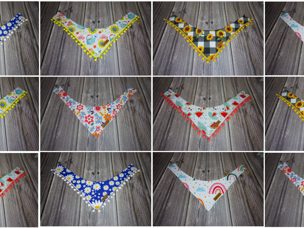 Collage of various colorful bandanas on a wooden surface