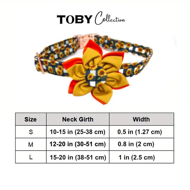 Size chart for the Toby Collection dog collar, showing neck girth and width measurements for small, medium, and large sizes.