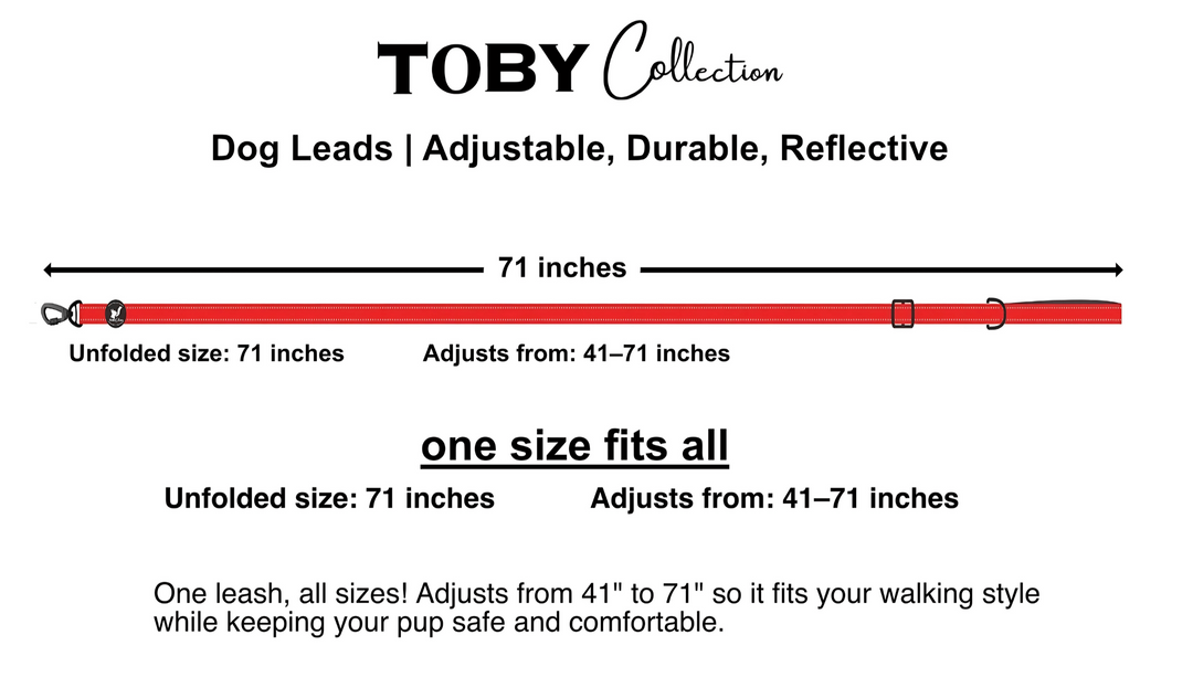 Size chart for the Toby Collection dog leash, showing adjustable lengths and widths in inches and centimeters.