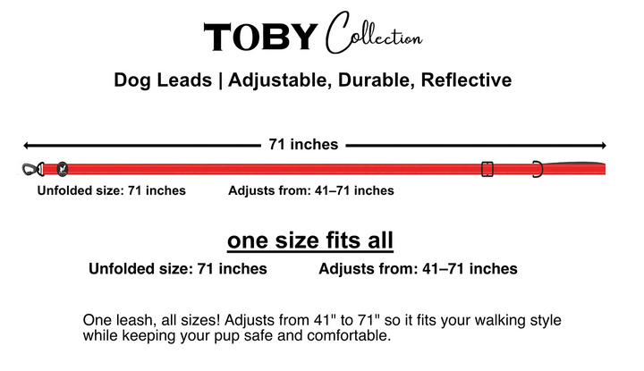 Size chart for the Toby Collection dog leash, showing adjustable lengths and widths in inches and centimeters.