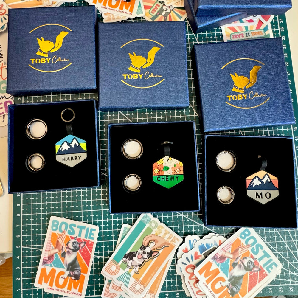 A collection of Toby Collection dog tags in branded blue packaging, showing the care taken with each order.


