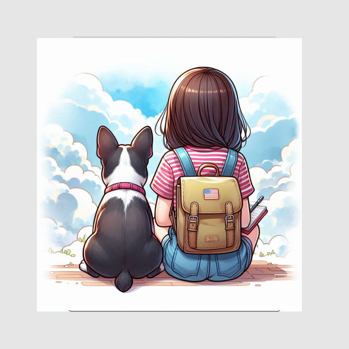 A cartoon sticker of a Boston terrier dog and a girl sitting together and watching the sky.