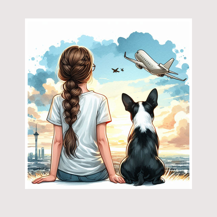 A cartoon sticker of a Boston terrier dog and a girl sitting together and watching a plane fly.