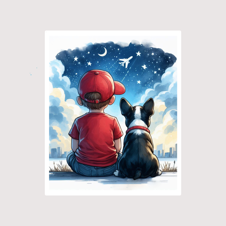 A cartoon sticker of a Boston terrier dog and a girl sitting together and watching the stars.