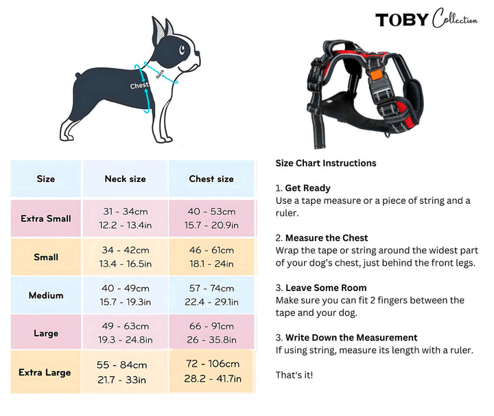 Size chart for the Toby Collection no-pull harness, with measurements for sizes from XS to XL.