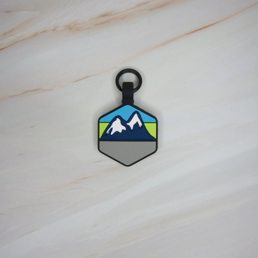 A personalized Toby Collection hexagonal dog tag with a mountain design