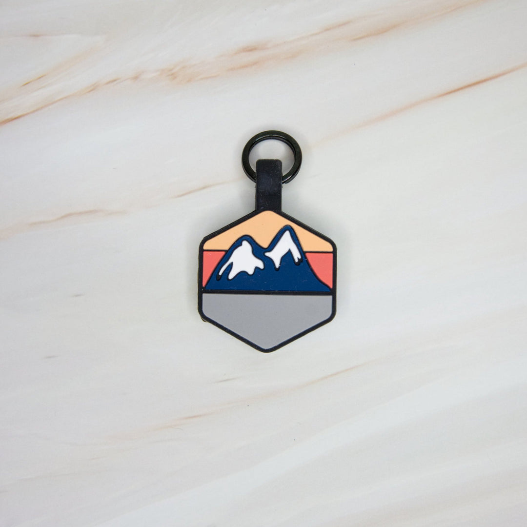 A personalized Toby Collection hexagonal dog tag with a mountain design.