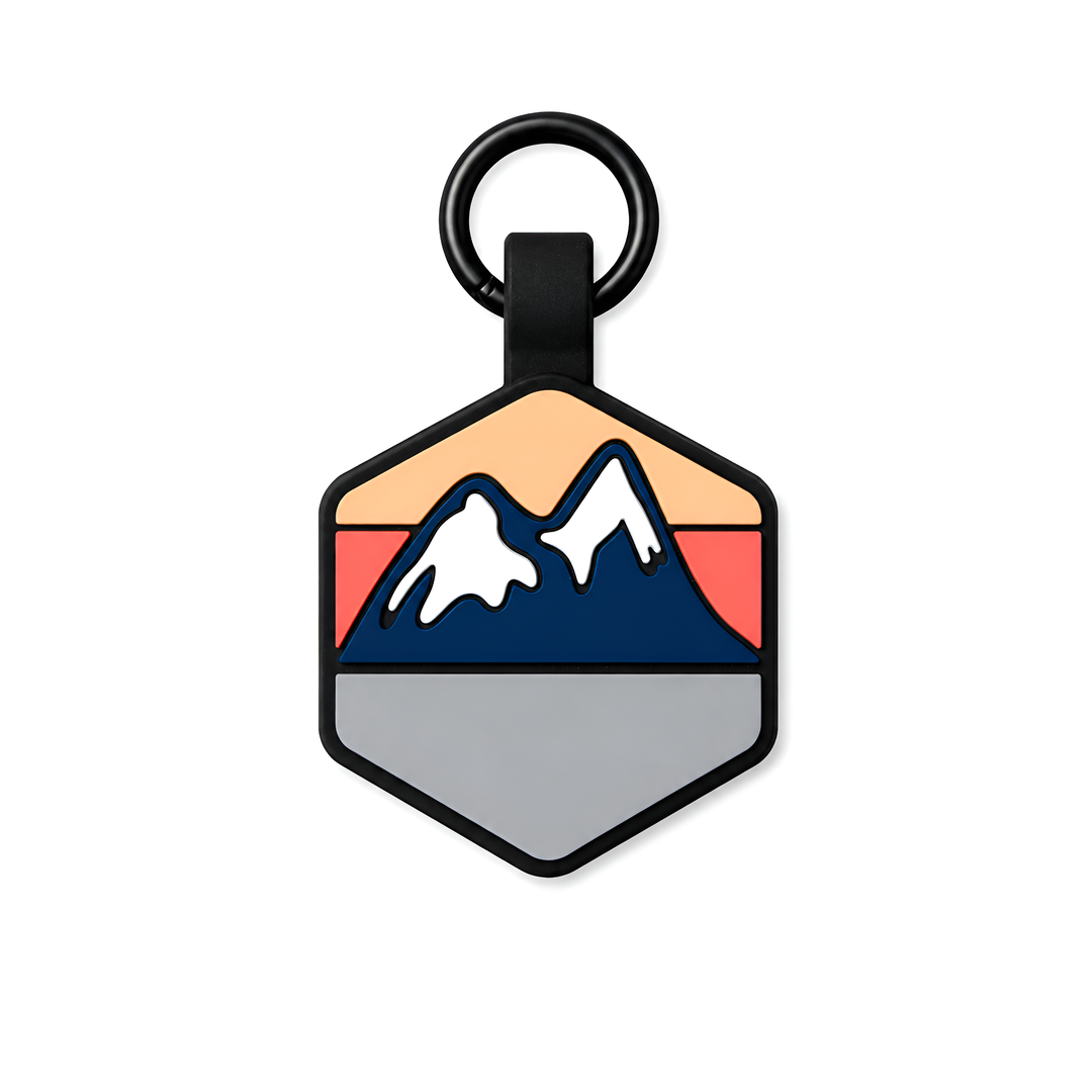 Hexagonal dogtag with mountain design on a white background