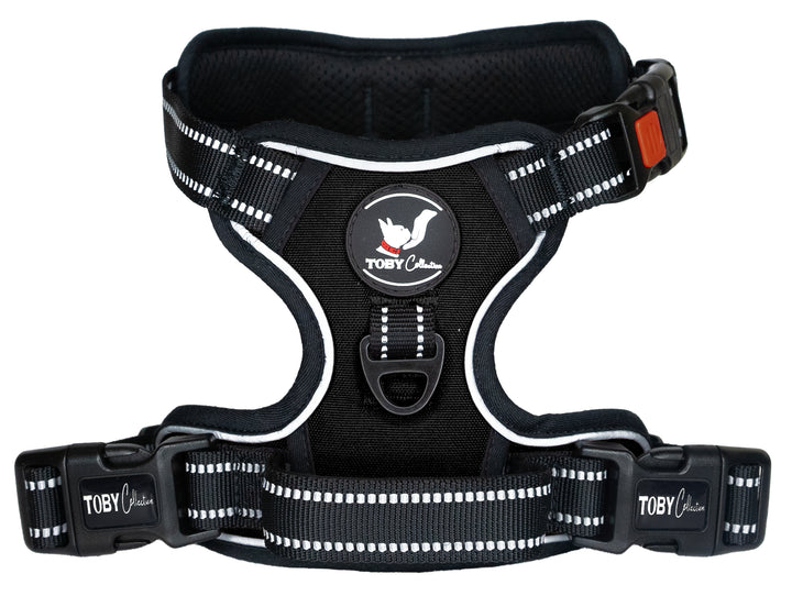 Close-up of a black Toby Collection no-pull dog harness, showing the reflective stitching and durable buckles.