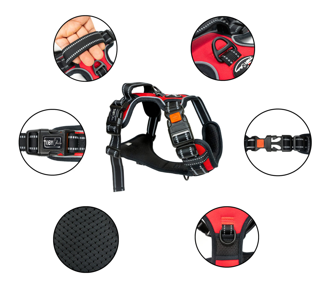 A composite image of a Toby Collection no-pull dog harness, showing a side view and detailed close-ups of the handle, reflective stitching, and durable buckles.