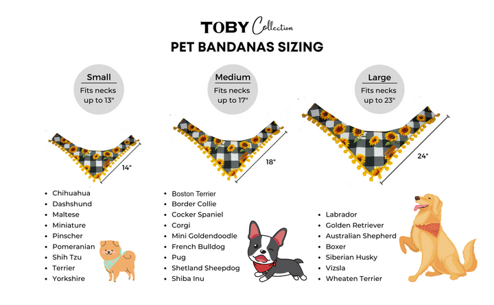 Size chart for the Toby Collection dog bandana, showing neck measurements in inches and centimeters for sizes small, medium, and large.