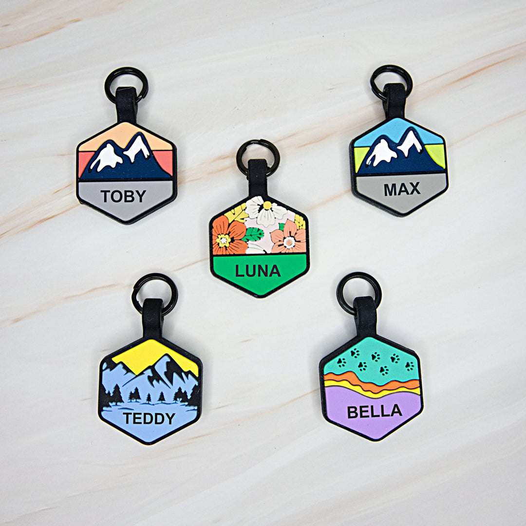 Five personalized silicone pet ID tags in unique, colorful designs.

